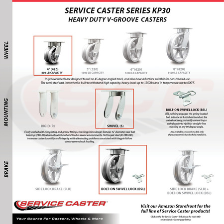 Service Caster 4 Inch Kingpinless V Groove Semi Steel Wheel Caster Swivel Locks 2 Rigid, 2PK SCC-KP30S420-VGR-BSL-2-R-2